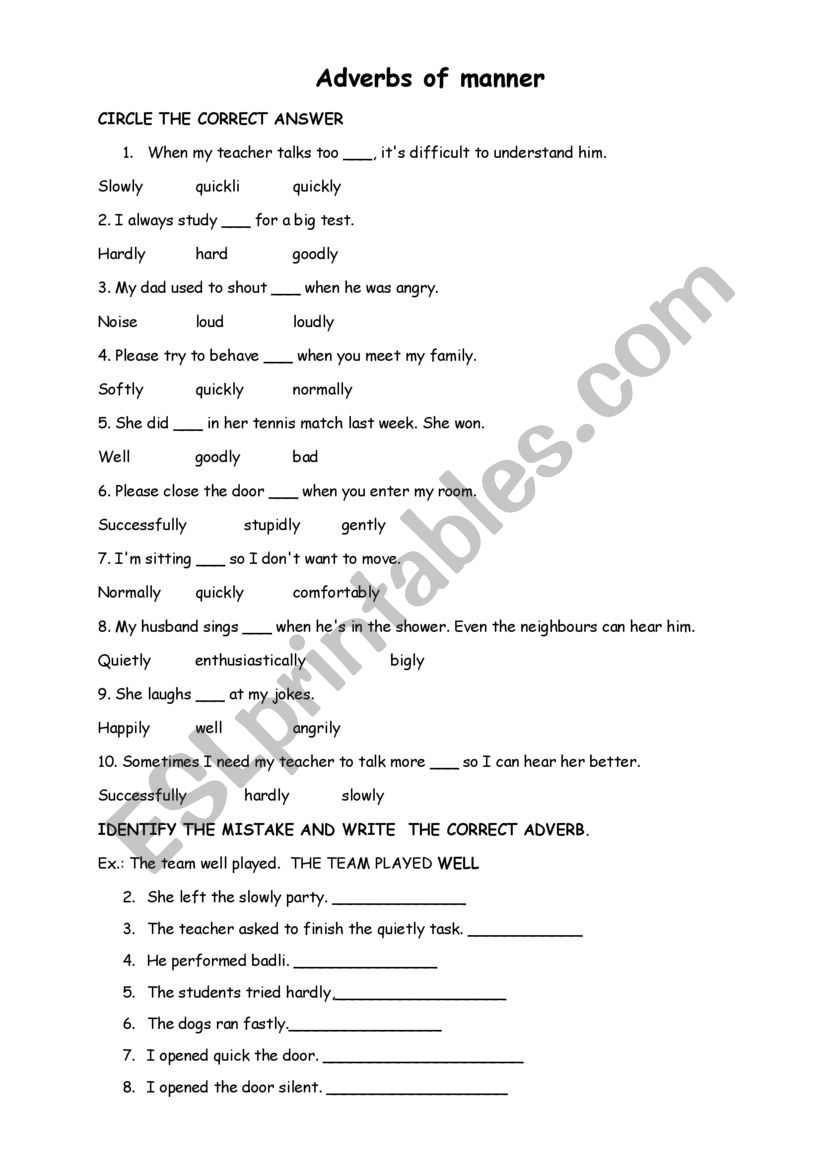 ADVERBS OF MANNER worksheet