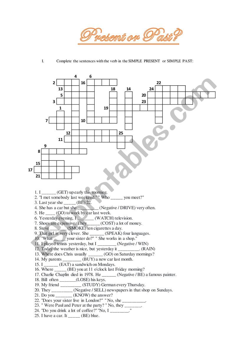 Present X Past worksheet