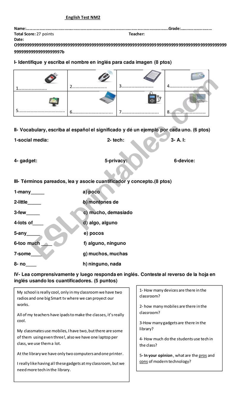 QUANTIFIERS TEST worksheet