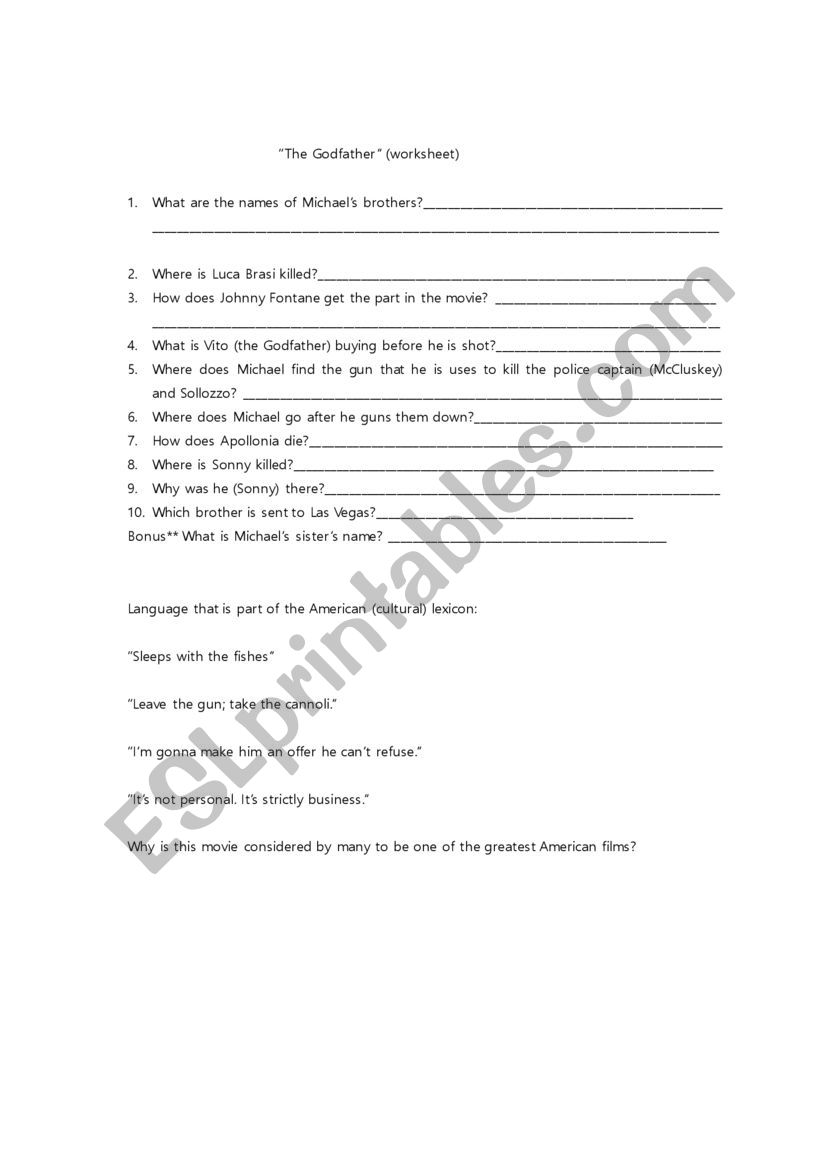 The Godfather(worksheet) worksheet