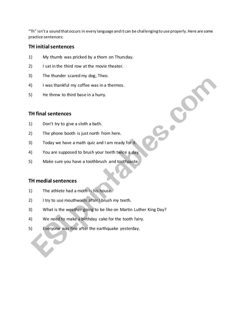 th sounds in sentences esl worksheet by audieleah