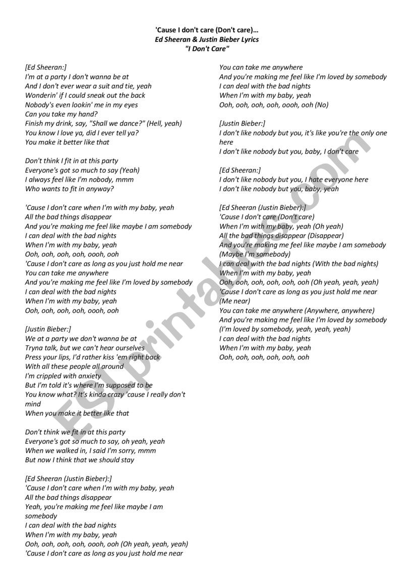 Song I Don T Care Ed Sheeran And Justin Bieber Esl Worksheet By Jesiwin