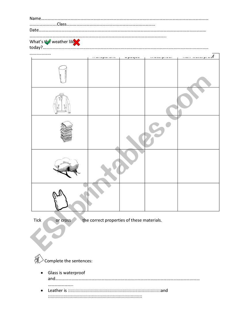 MATERIALS:PROPERTIES worksheet