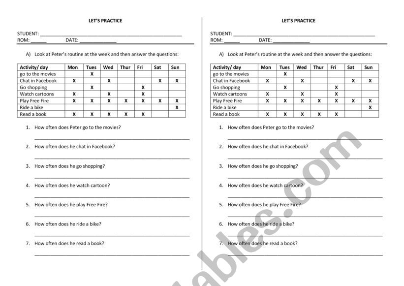 How often do you...? worksheet