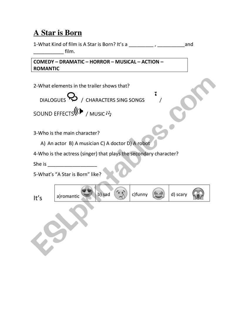 Movie A Star is Born Worksheet