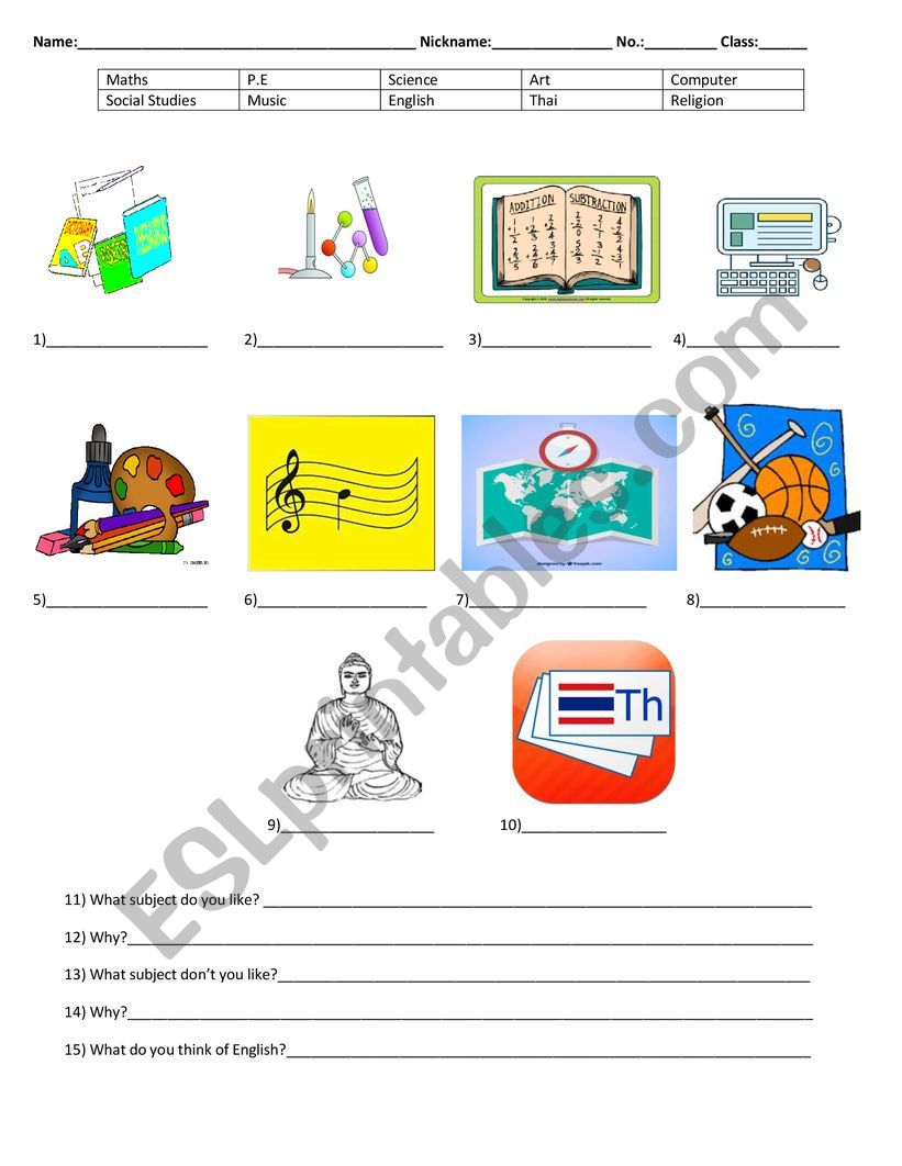 School Subjects worksheet