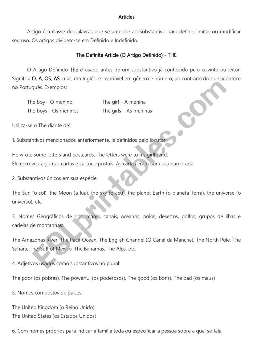 articles worksheet