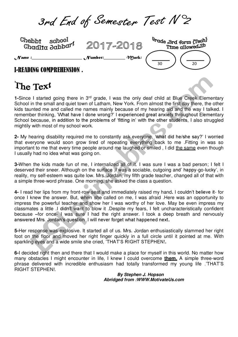 3rd end of semester test N2 worksheet