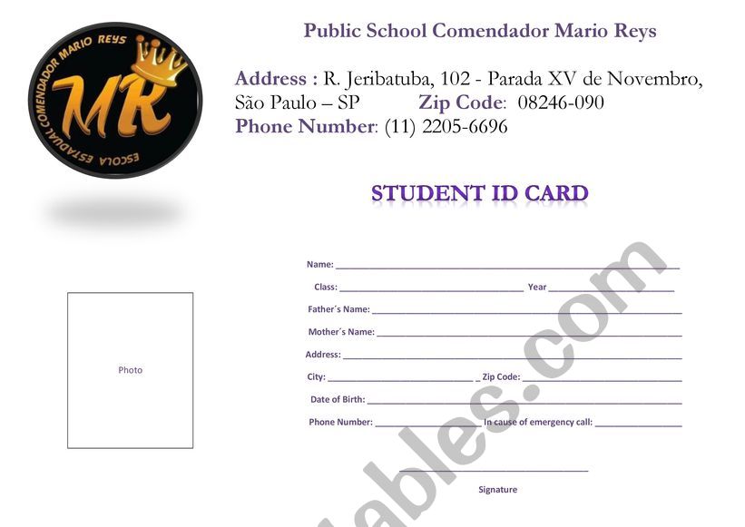 student Card worksheet