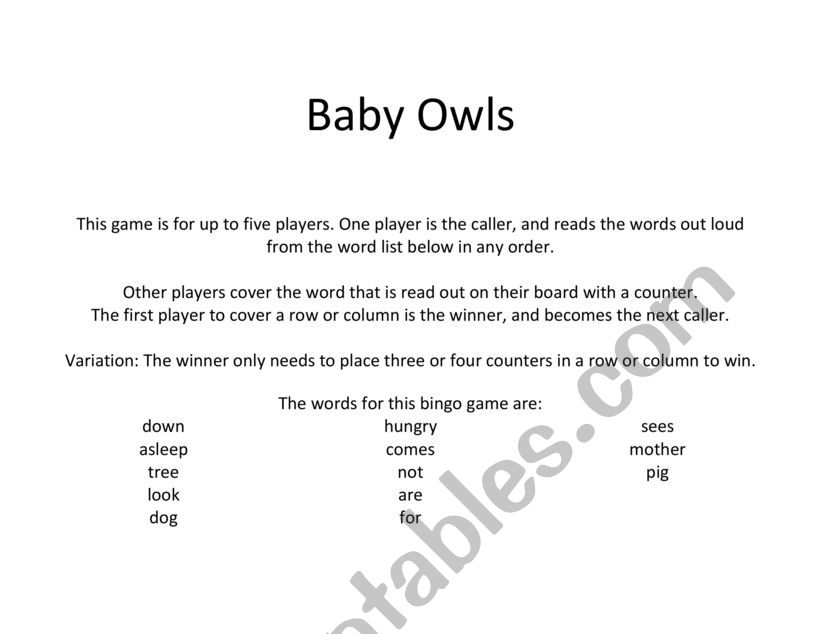 The Baby Owls Bingo Cards worksheet