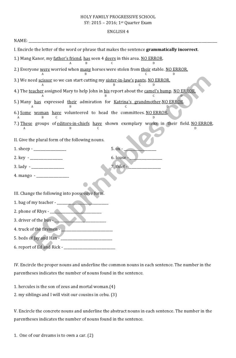 LANGUAGE 4 EXAM - 1ST QUARTER worksheet