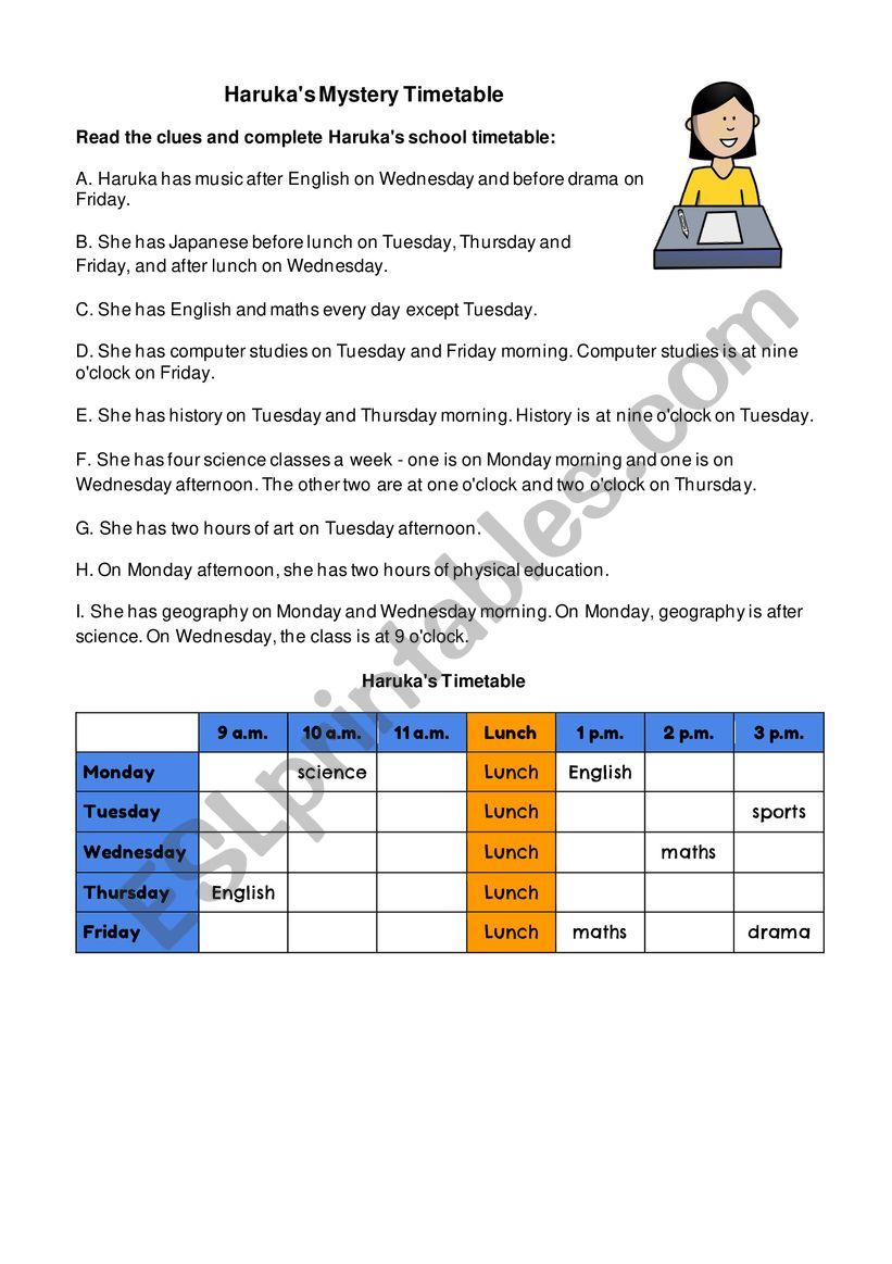 Harukas Mystery Timetable worksheet