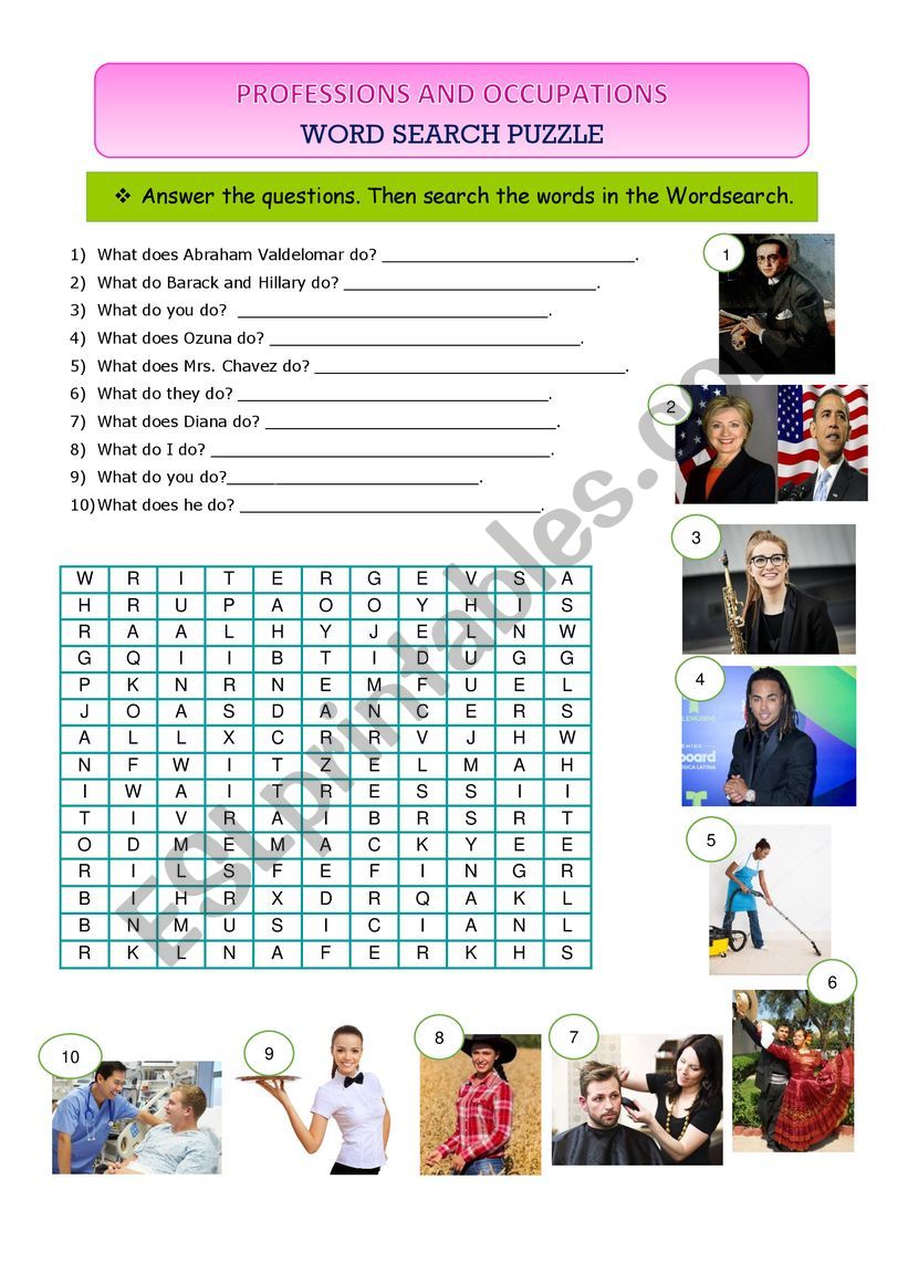 PROFESSIONS AND OCCUPATIONS Word Search Puzzle