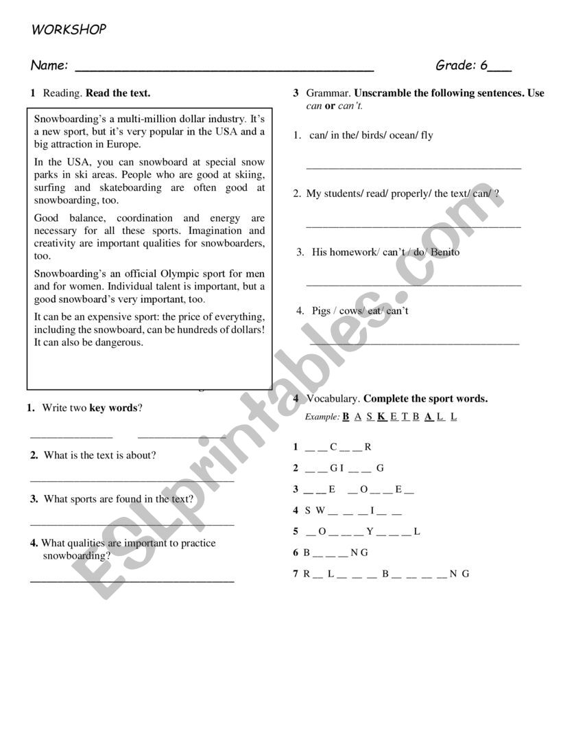 Can / Can´t and Sports - ESL worksheet by Laurent III