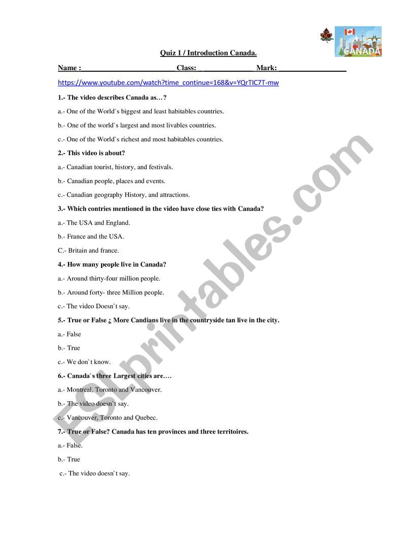 Quiz / Intruduction Canada worksheet