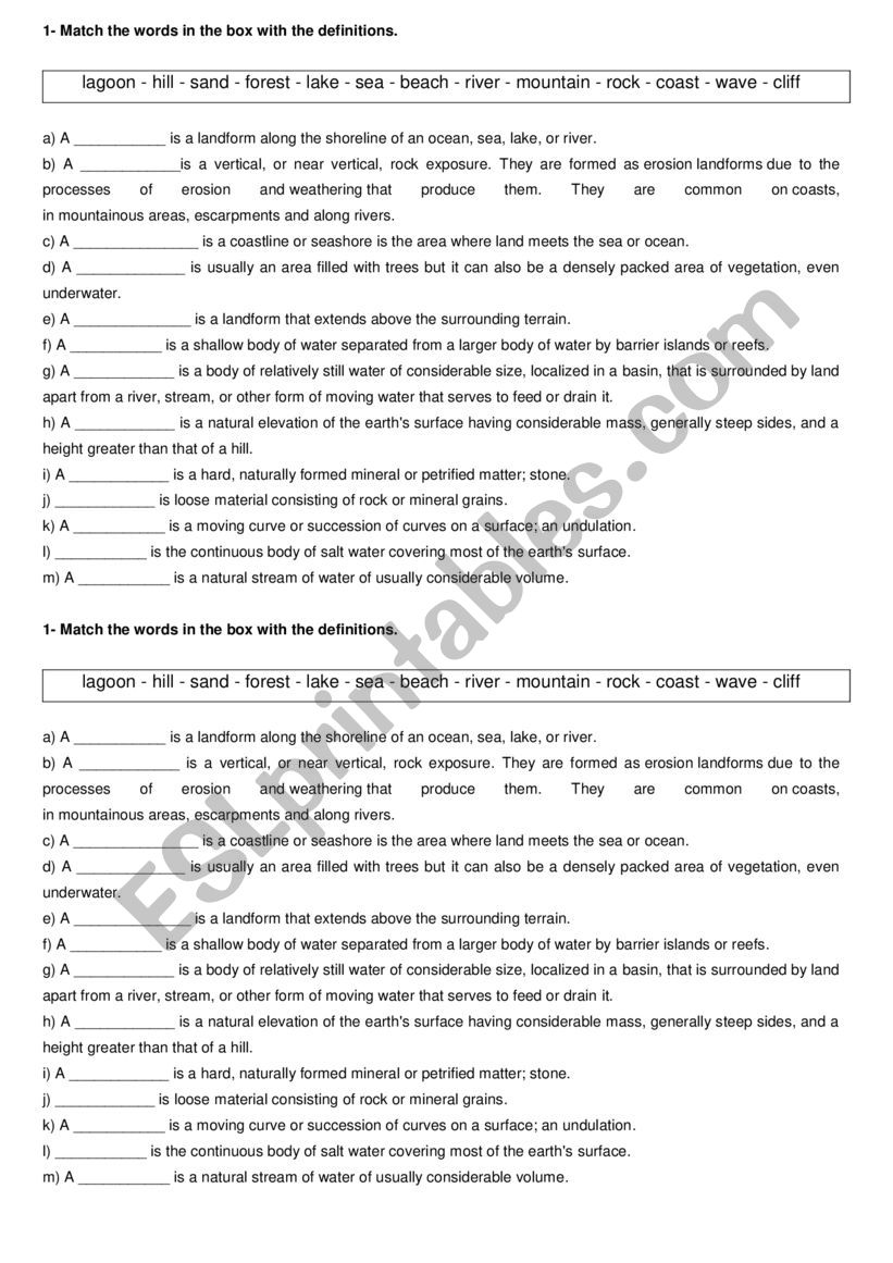 Definition nature vocabulary worksheet