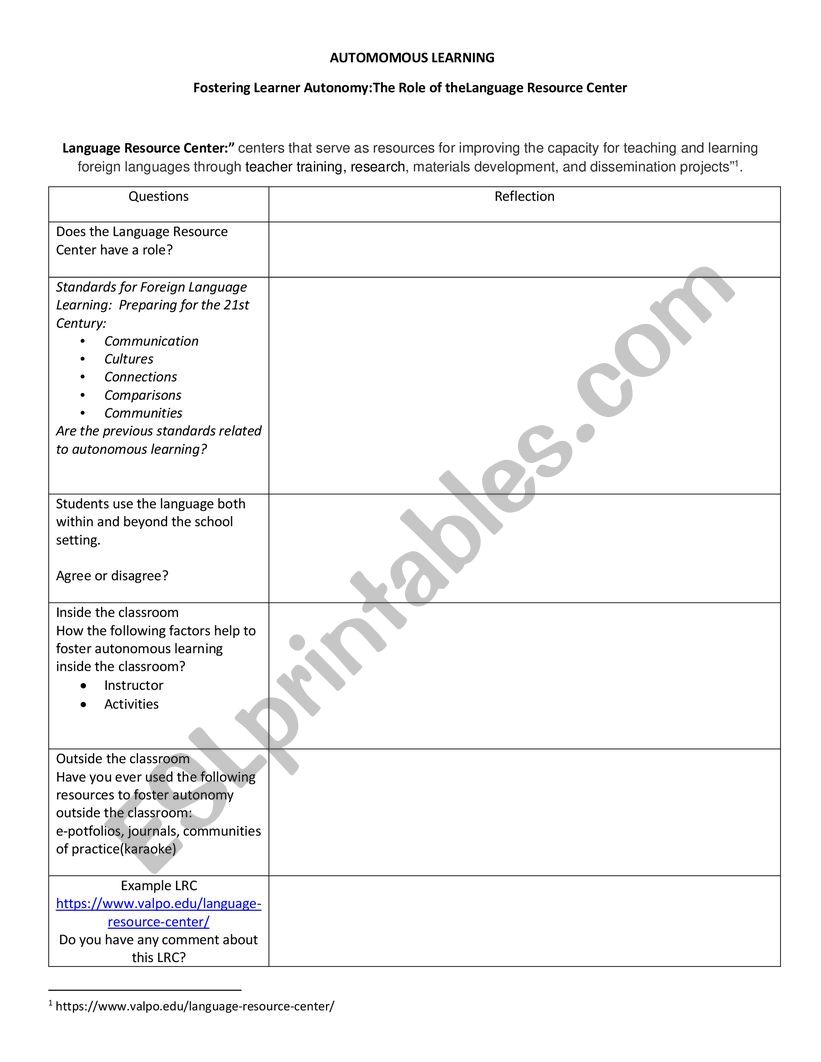 Autonomous learning worksheet