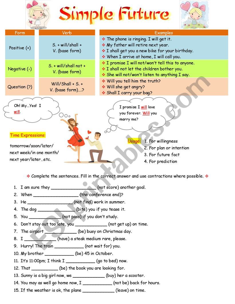 Simple Future Tense ESL Worksheet By Zenithor