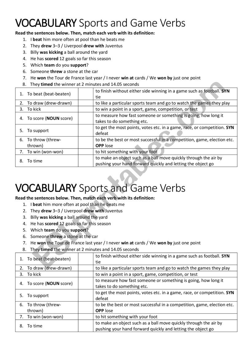 Sports and games verbs - ESL worksheet by Elisa Hernandez