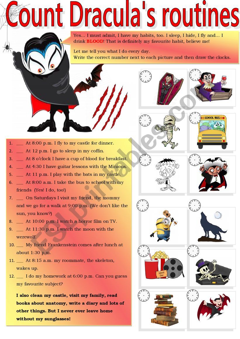 Count Dracula´s Routines Esl Worksheet By Pilarmham