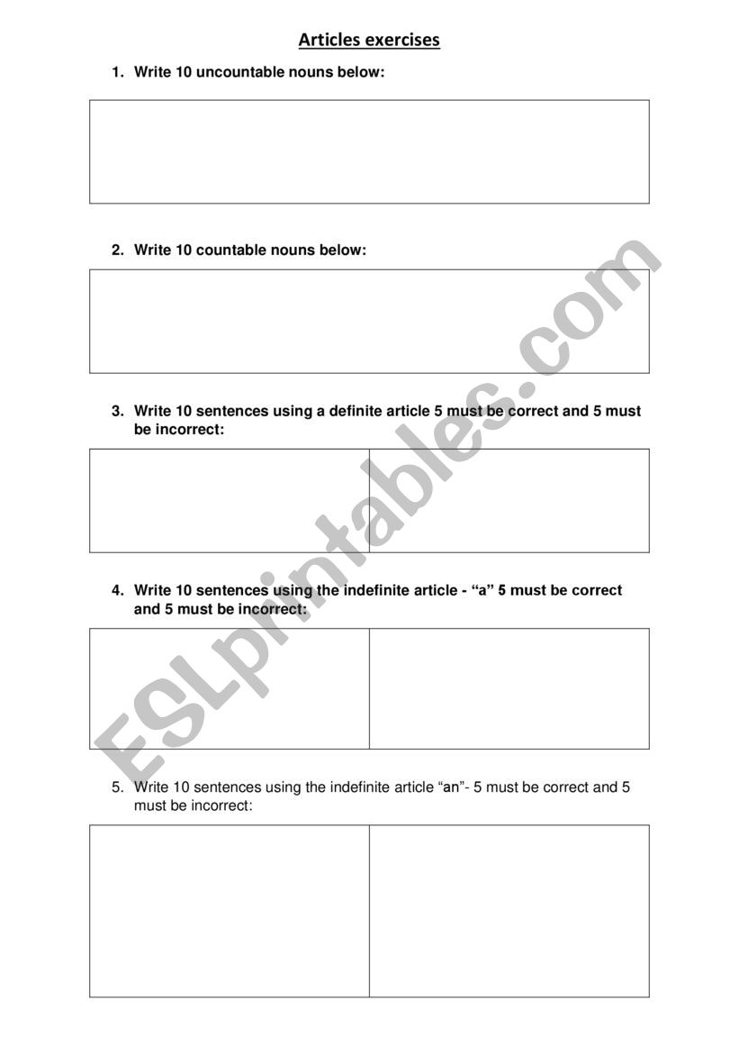 Articles exercise worksheet