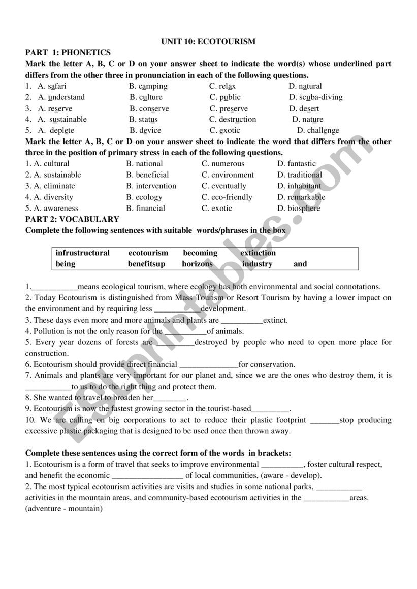 Unit 10: Ecotourism worksheet