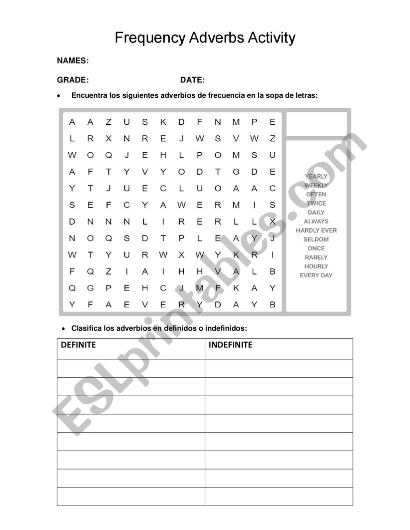 Frequency Adverbs word search worksheet