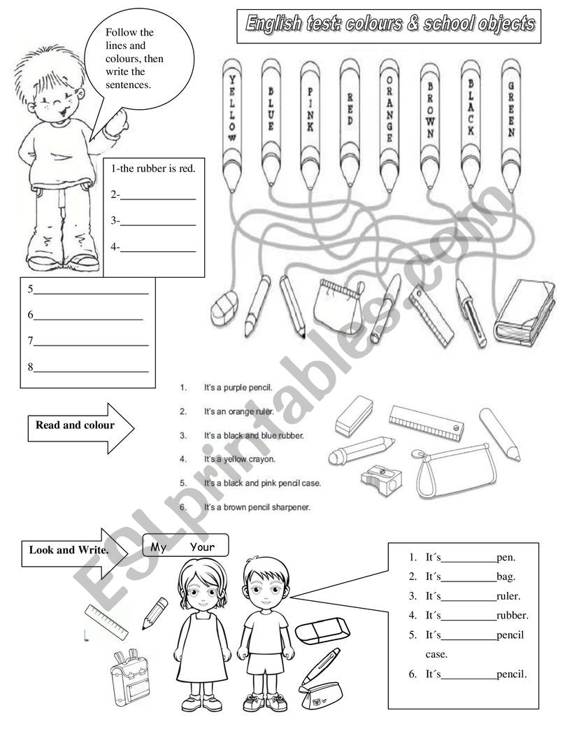 SCHOOL OBJECTS AND COLOURS worksheet