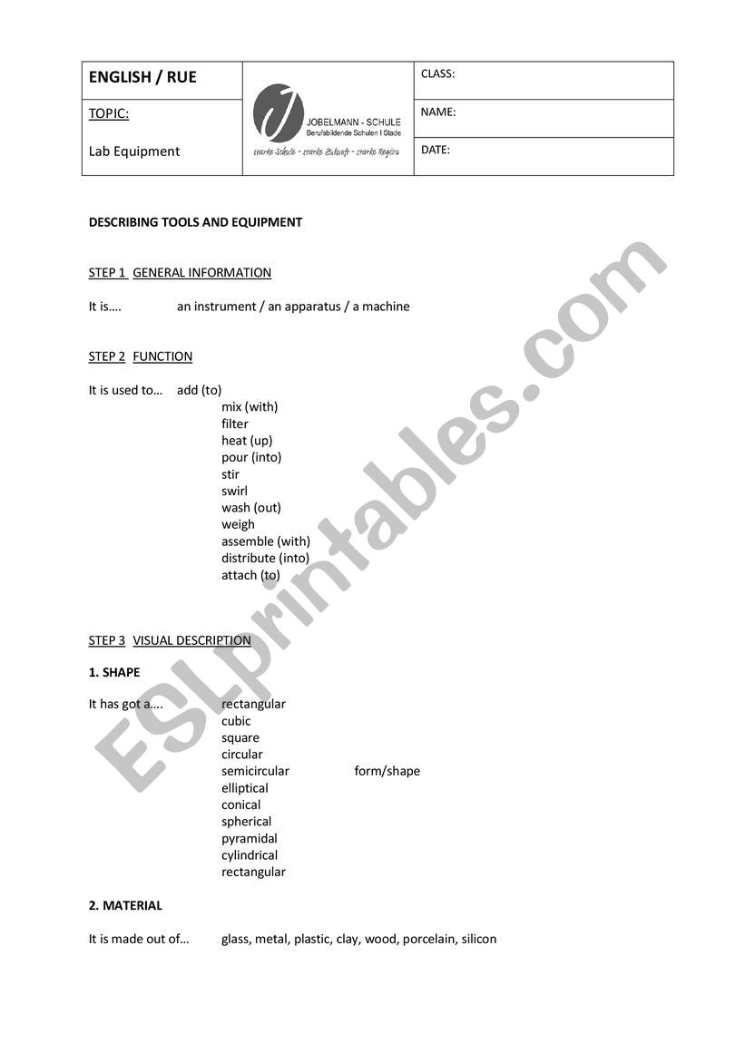 Describing lab equipment worksheet