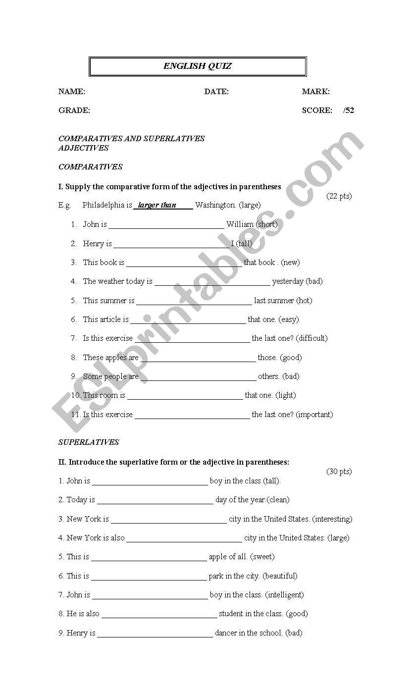 Comparative And Superlative Quiz ESL Worksheet By Alexis Galarce