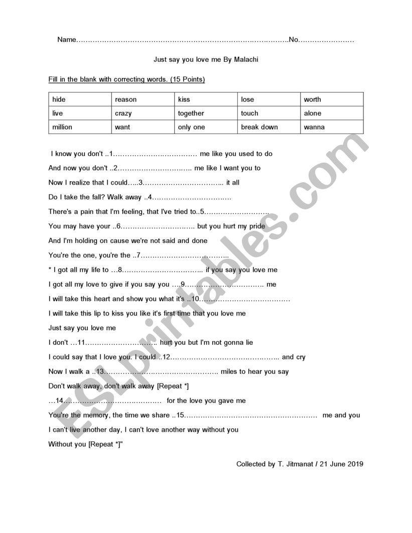 Learning English From Song Esl Worksheet By Jitmanat