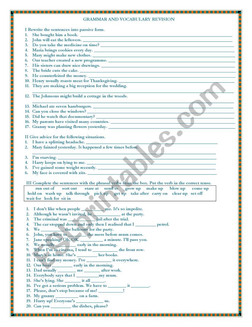 Vocabulary and grammar 6 worksheet