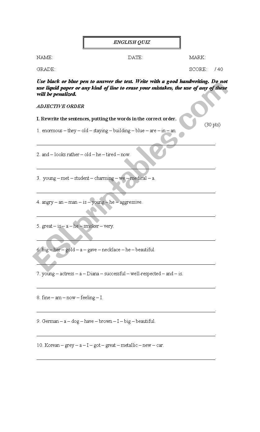 Quiz Adjective Order worksheet
