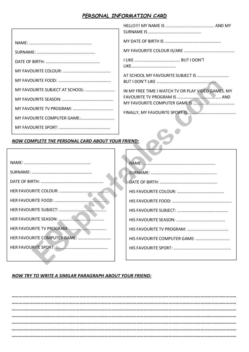 personal information card worksheet