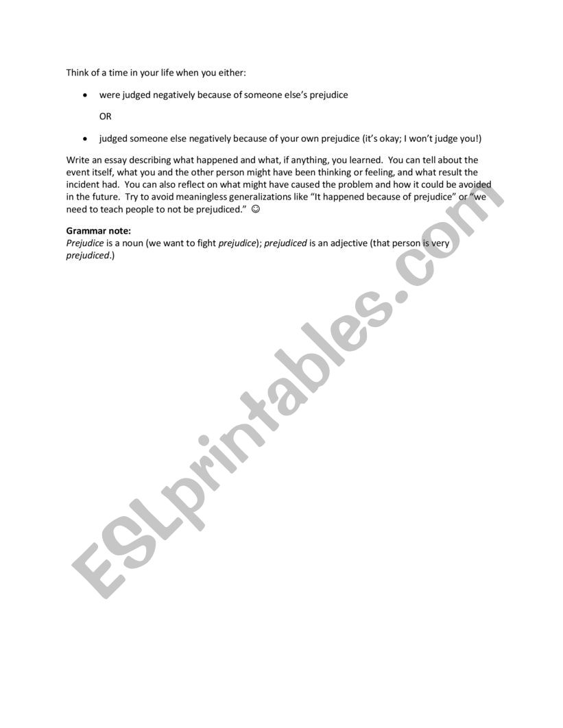 ESL assignment -- prejudice worksheet