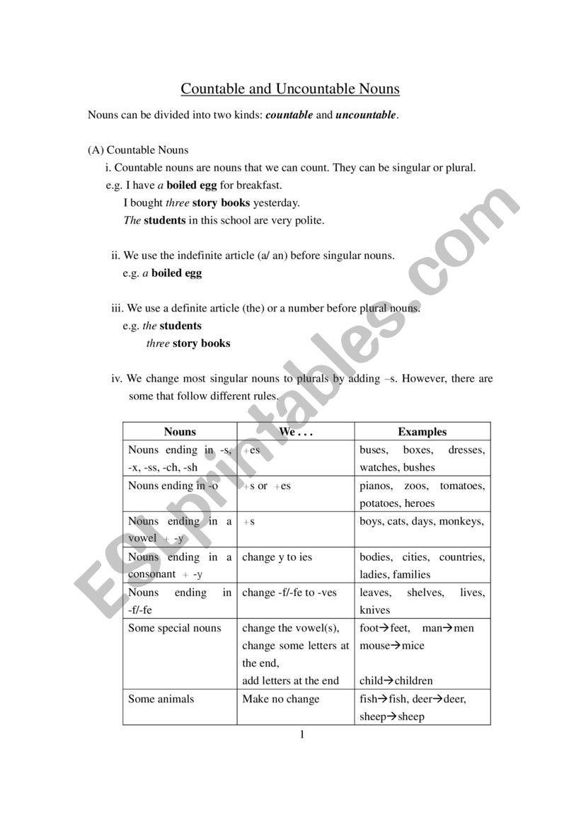 COUNTABLE AND UNCOUNTABLE NOUNS