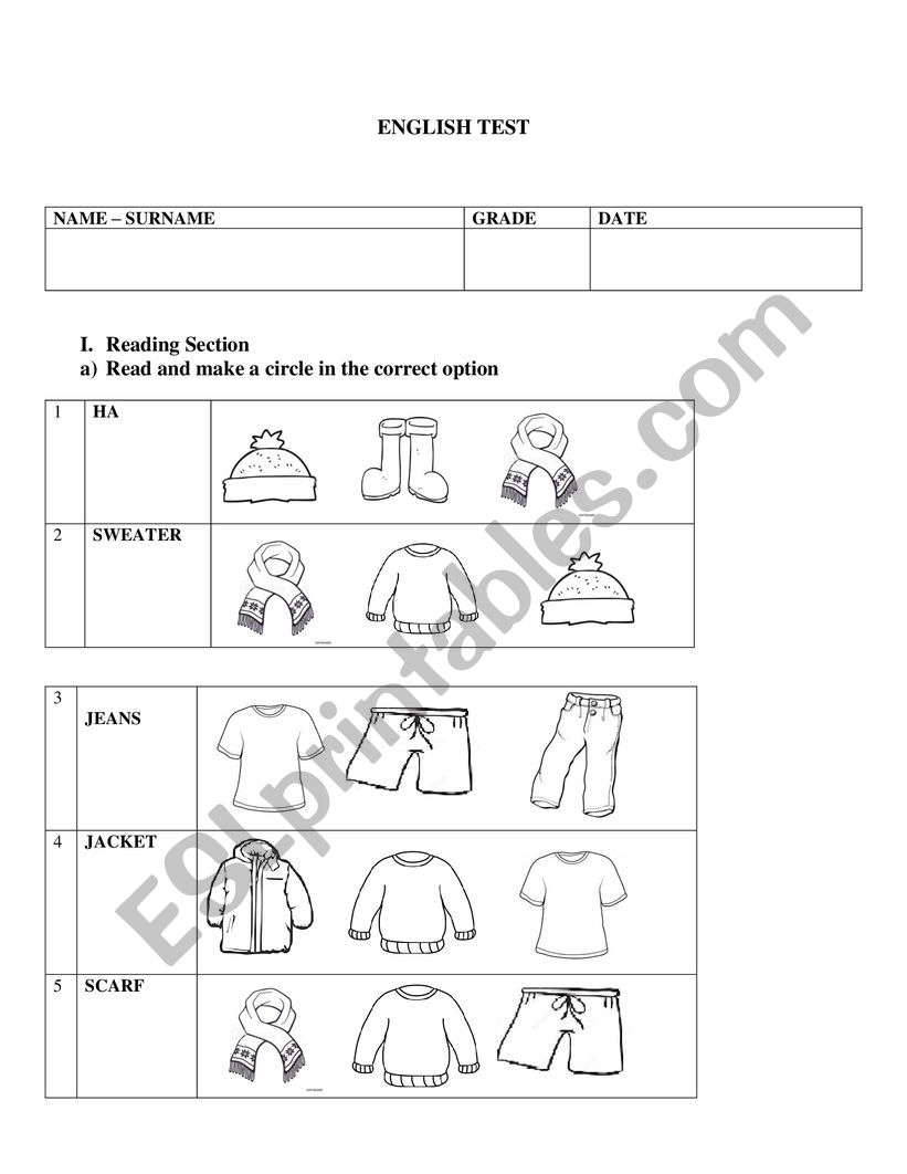 COTHES TEST worksheet