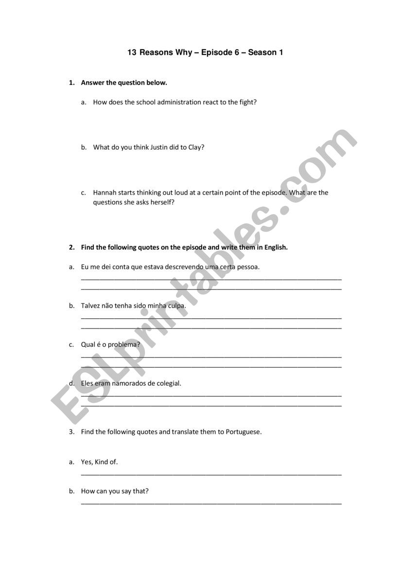 13 Reasons Why Movie Worksheet