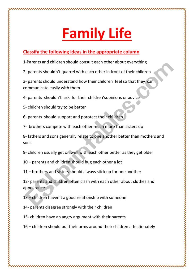 family life worksheet