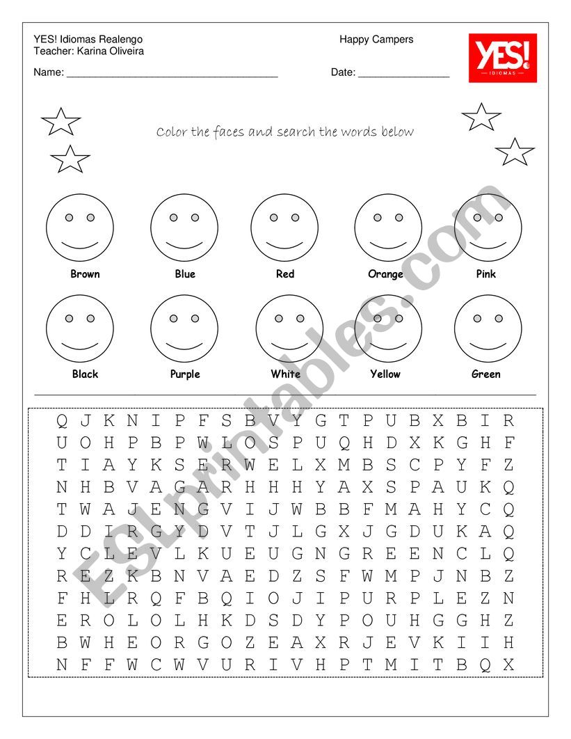 Color the faces and search the words below