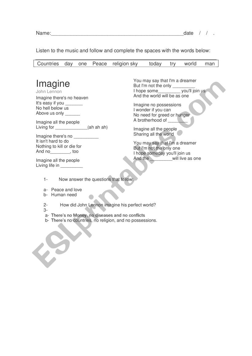 Music: Imagine worksheet