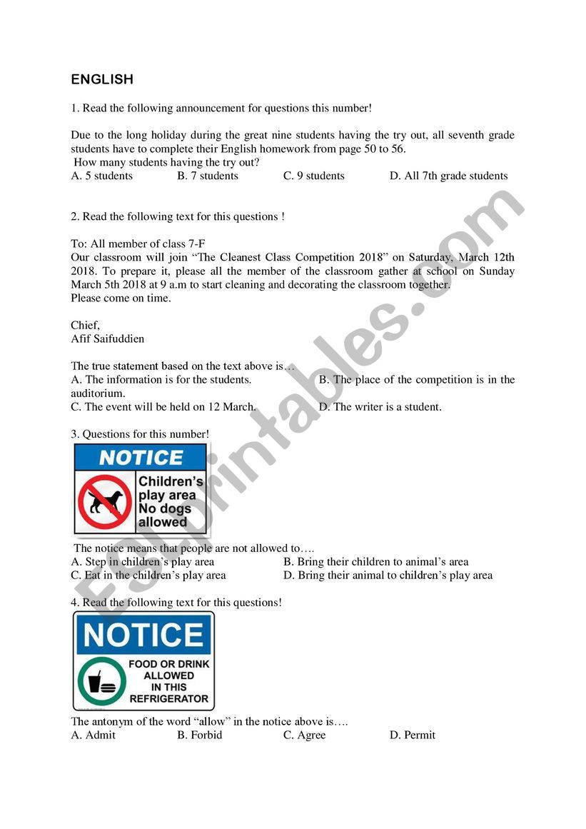 Short Reading worksheet