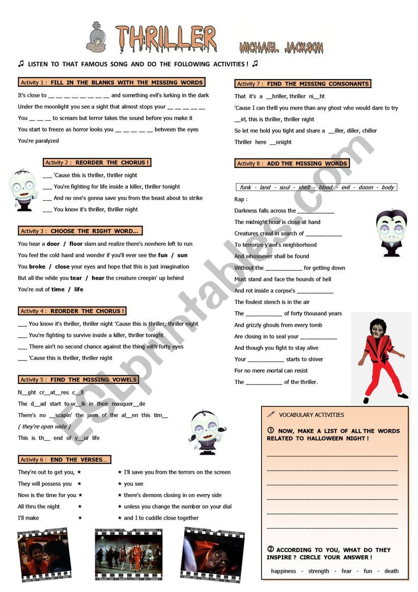 THRILLER, Michael Jackson worksheet