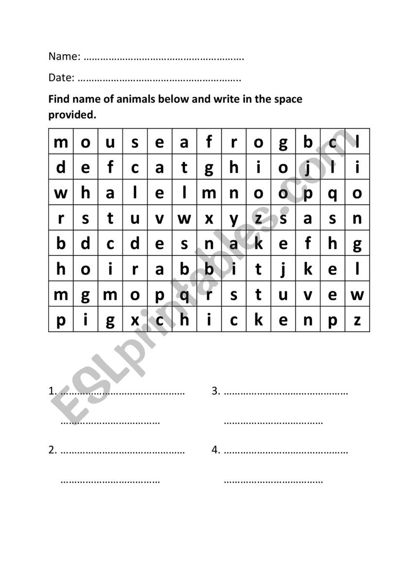 animals wordsearch worksheet