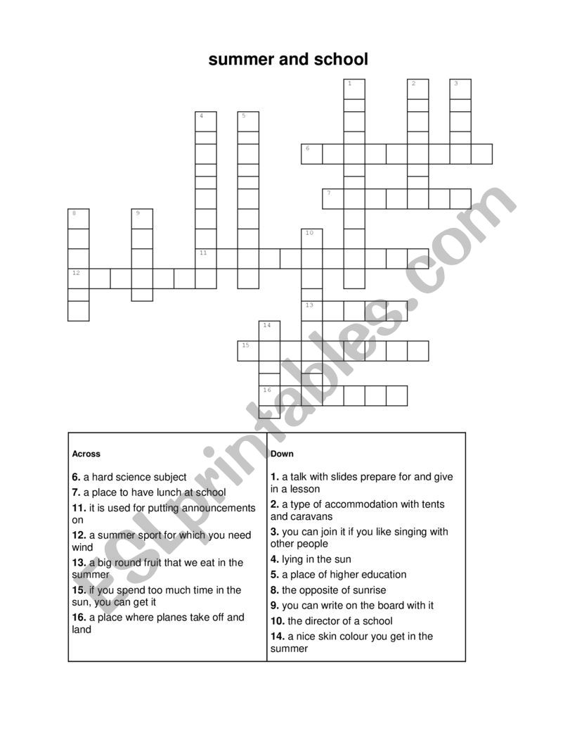 summer and school crossword with key