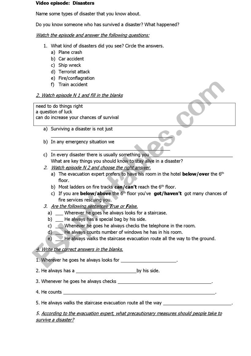 disasters worksheet