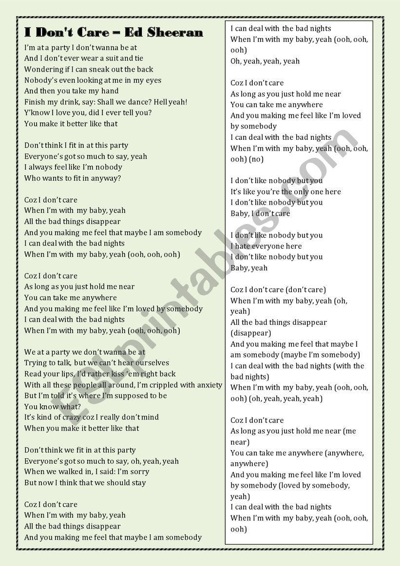 Song I Don T Care Ed Sheeran Esl Worksheet By Serocat