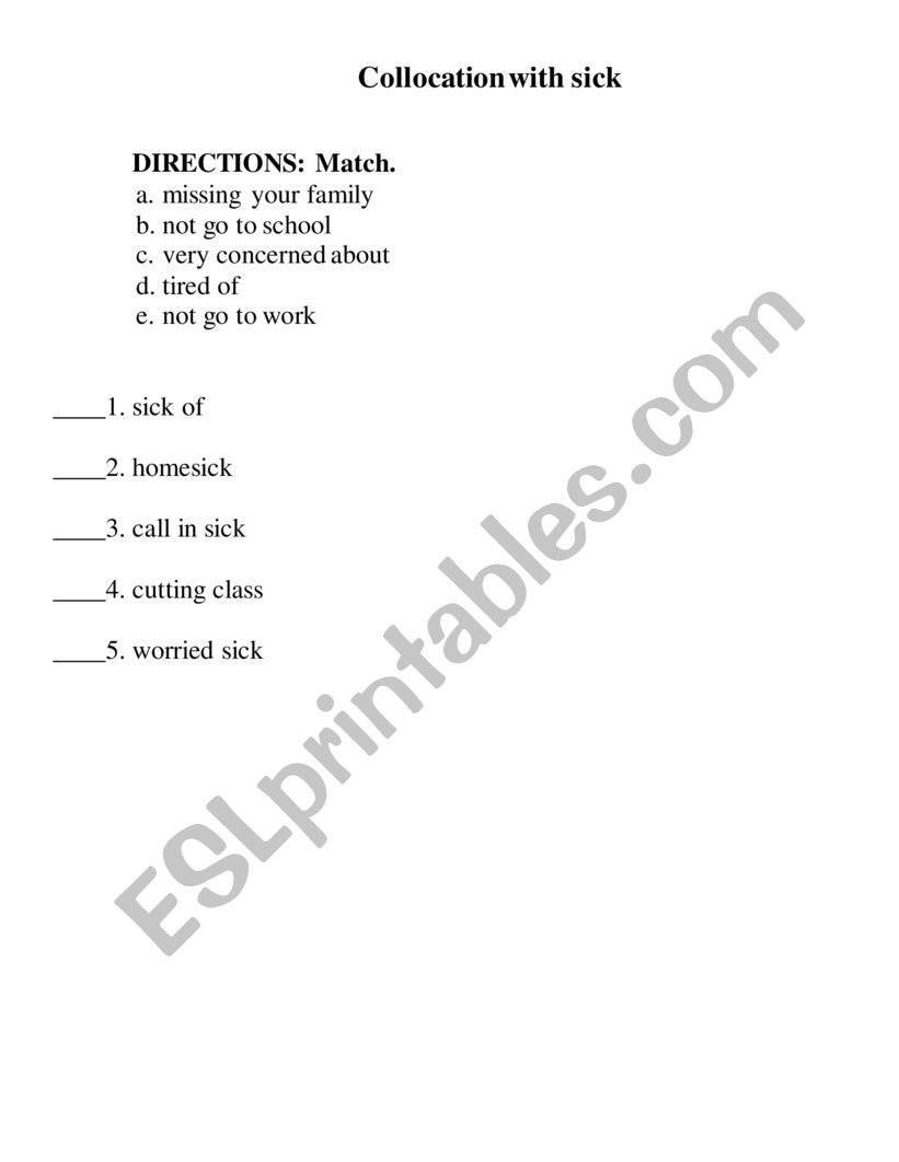 Collocation with sick worksheet