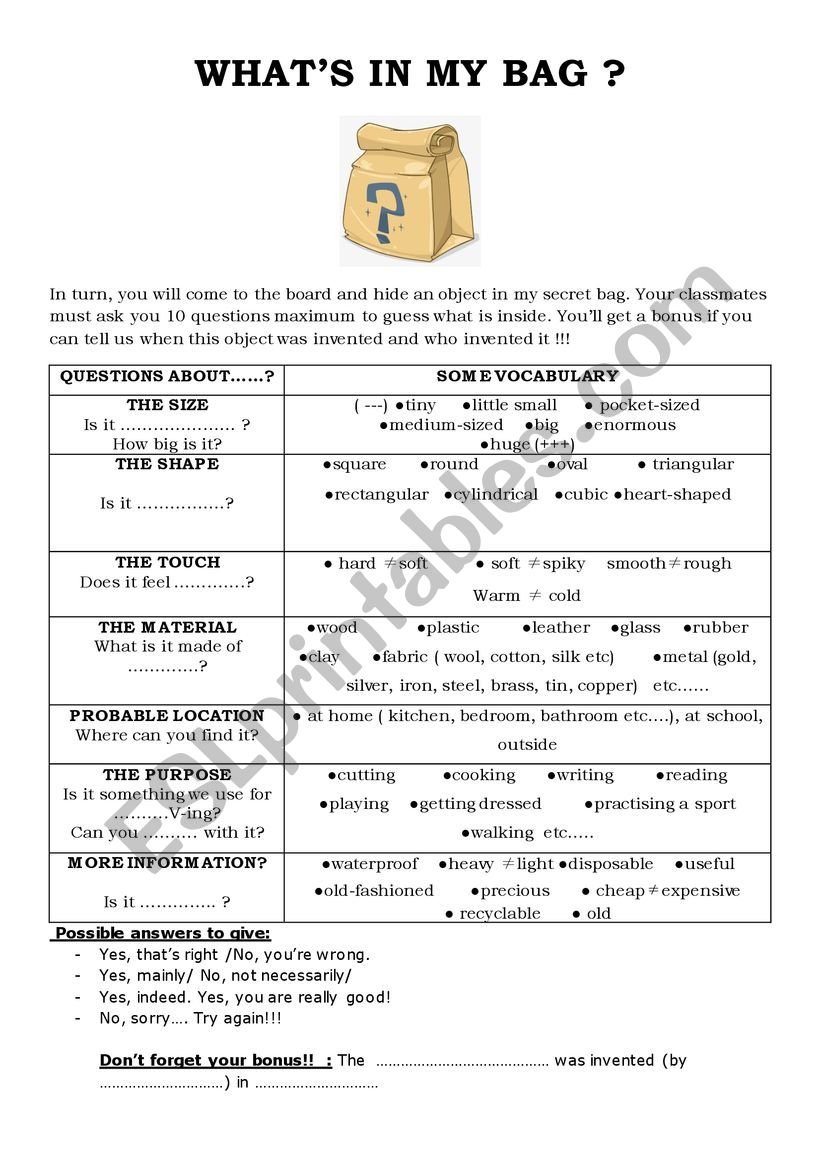 What´s in my bag? ESL worksheet by allende