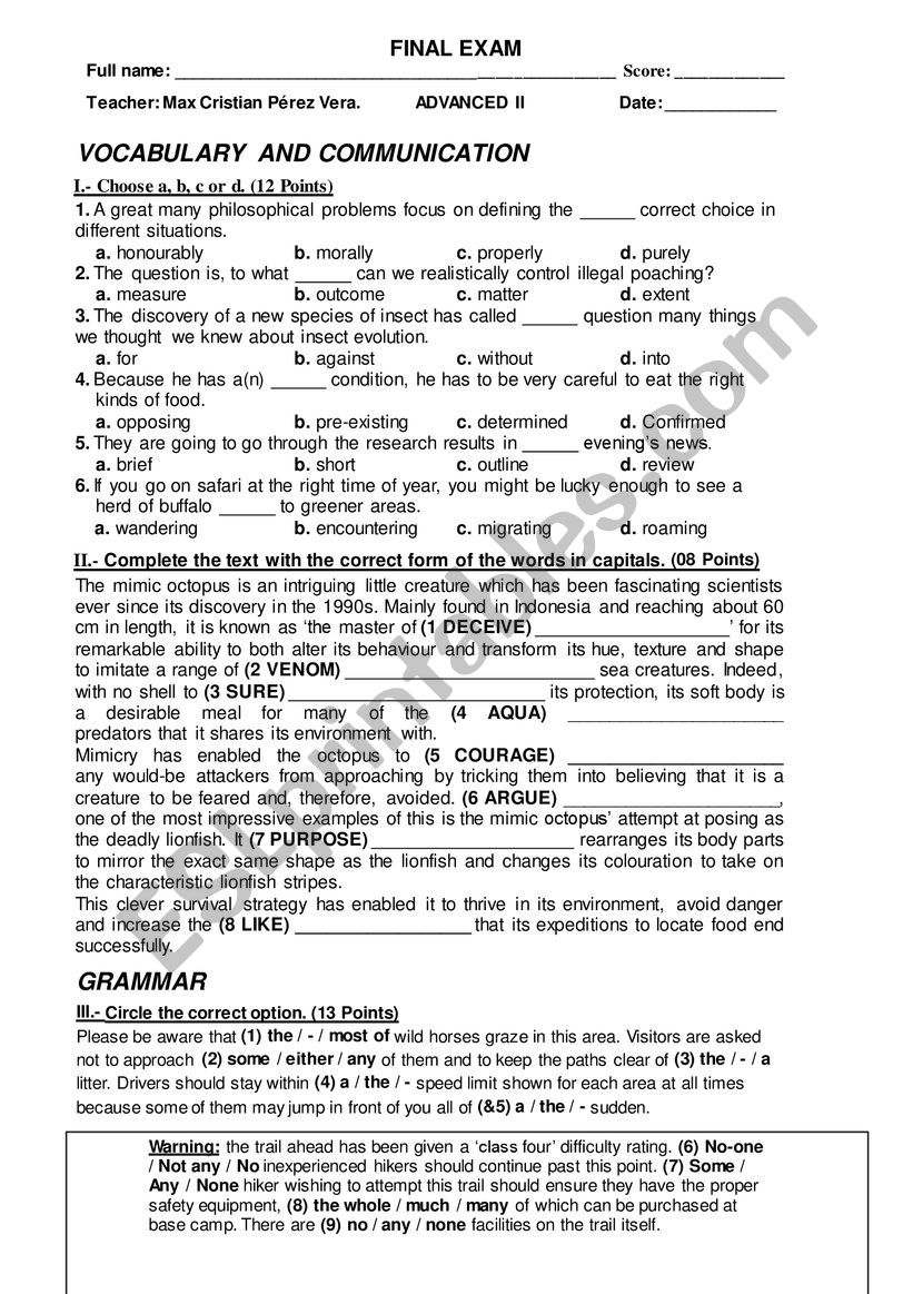 Exam of Advanced Level worksheet